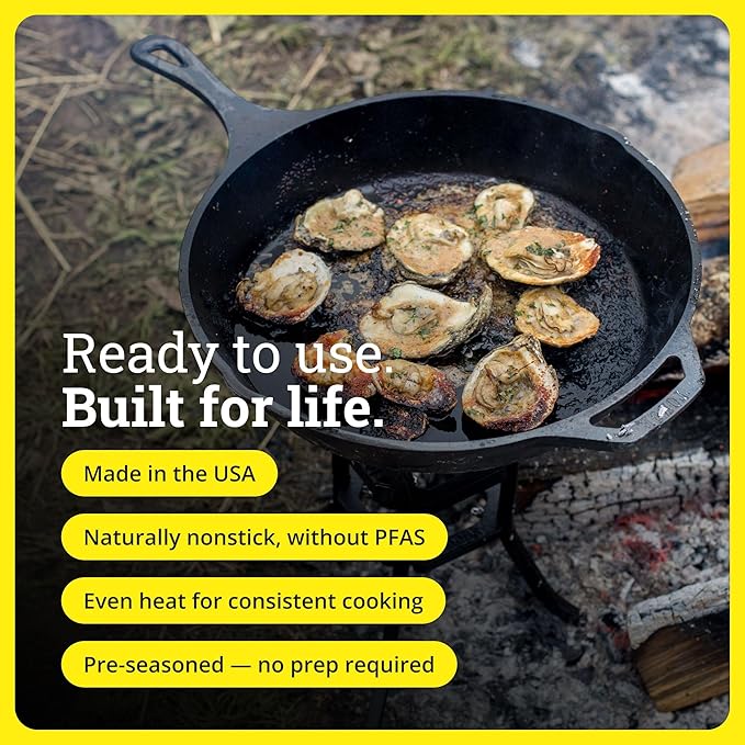 Lodge Seasoned Cast Iron Skillet - PFAS-Free, Non-Toxic Cookware - Use with an Oven, Stove, Grill, or Campfire - Naturally Non-Stick & Oven Safe - 13.25 Inches