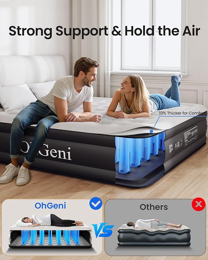 OhGeni King Size Air Mattress, Family Choice Award with Built in Pump, Ideal Alternative to a Bed, 18'' Comfortable Blow Up Colchones Inflables Mattress for Home, Guests, Portable Air Bed, 700 lbs