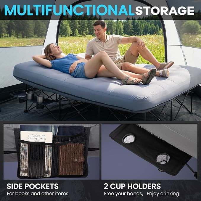 FUNDANGO Queen Camping Cot with Electric Pump, Inflatable Air Mattress Bed with Removable & Washable Cover, Folding Frame, Cup Holders, Carry Bag for Adults, Tent, Guest (80"x60")