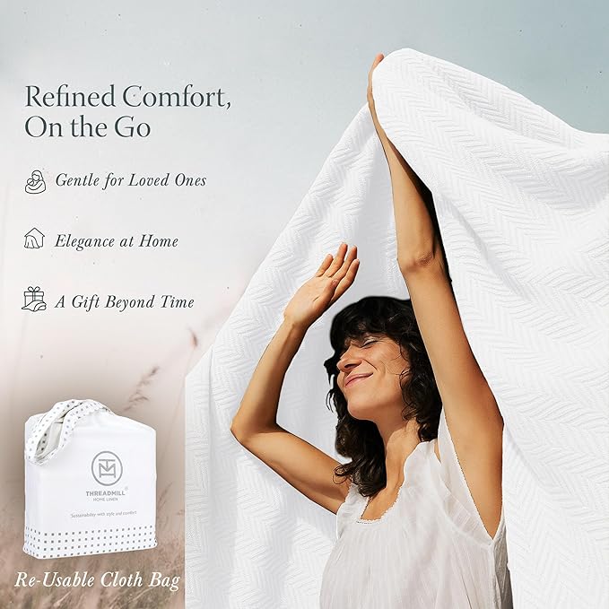 Threadmill Luxury Cotton Blanket for King Size Bed | All-Seasons Breathable Oeko TEX 100% Cotton King Size Blanket | Cozy Soft Thermal fits California King Size Bed 106 x92 inches | White