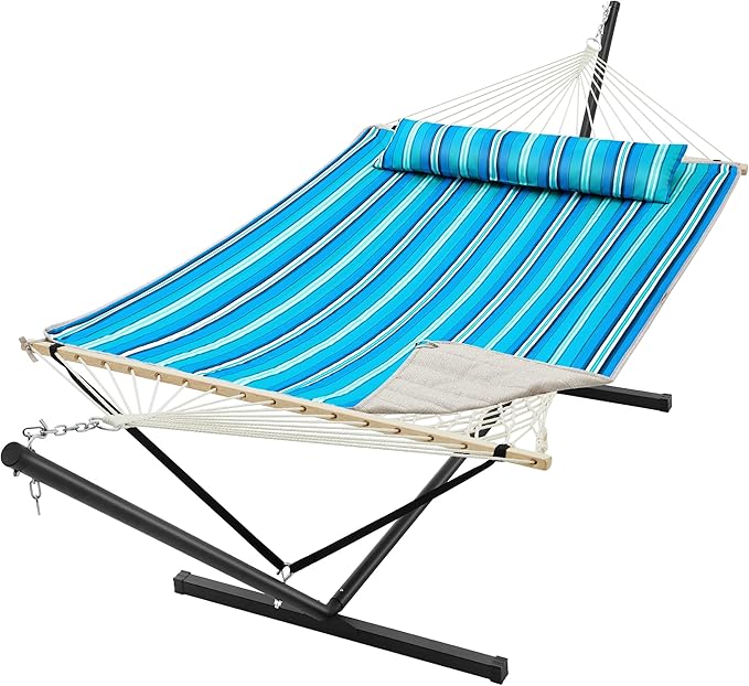 SUPERJARE 12ft Double Hammock with Stand, Rope Hammock for 2 Person, Detachable Hammock Bed and Pillow, Portable, Anti-Tip Safety Ropes, Carry Bag, Outdoor Backyard Patio, Turquoise Green Stripes