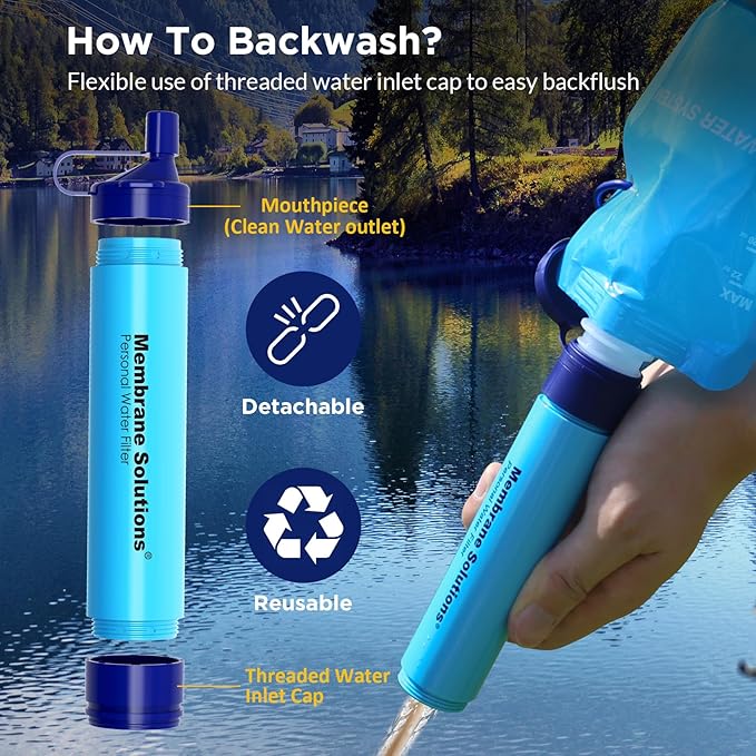 Membrane Solutions Squeeze Water Filtration System, Survival Water Purifier Kit, Portable Backpacking Gear for Hiking Camping Travel, 4+6 Piece Set