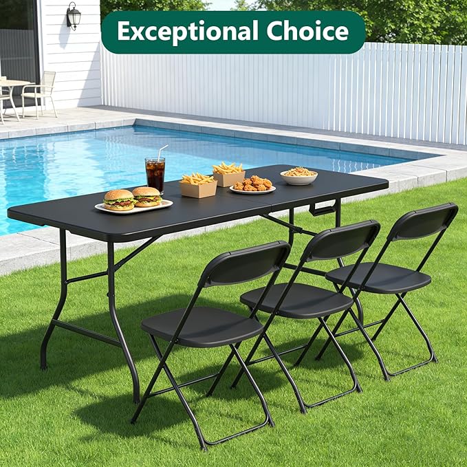 Folding Table 72" x 30" - Heavy Duty Plastic Table with Handle, Foldable&Portable, Fold-in-Half Utility Tables for Outdoor, Dining, Wedding, Events, Indoor, Picnic, Camping, Party, Black