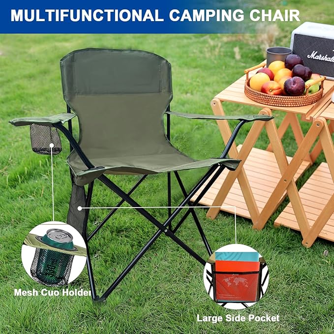 Folding Camping Collapsible Chairs Heavy Duty Lawn Chair with Cooler Bag, Storage Pocket, Waterproof Bag Outdoor Arm Chair, Supports 225LBS, Green