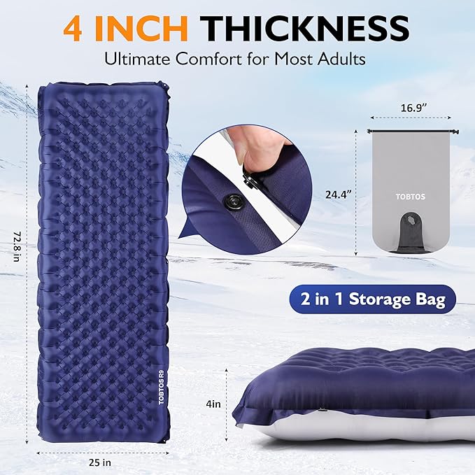 TOBTOS Camping Sleeping Pad with 9.0 R-Value, 4" Thick Inflatable Camping Mattress for All Season, Compact Insulated Sleeping Mat for Backpacking & Hiking (Rectangular)
