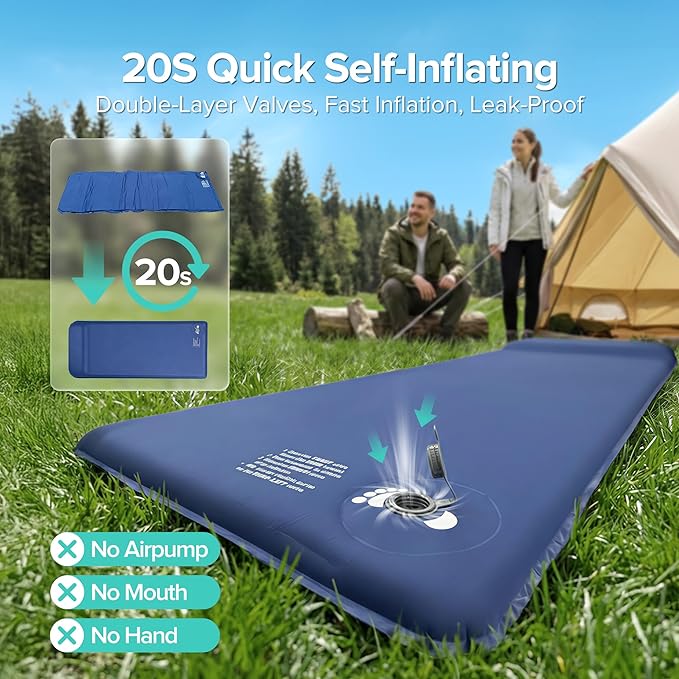Self-Inflating Sleeping Pad for Camping, 3" Ultra-Thick Outdoor Camping Mat with Pillow & 9.5 R-Value, Insulated All-Season Foam Camping Mattress for Camping Travel Tent Car