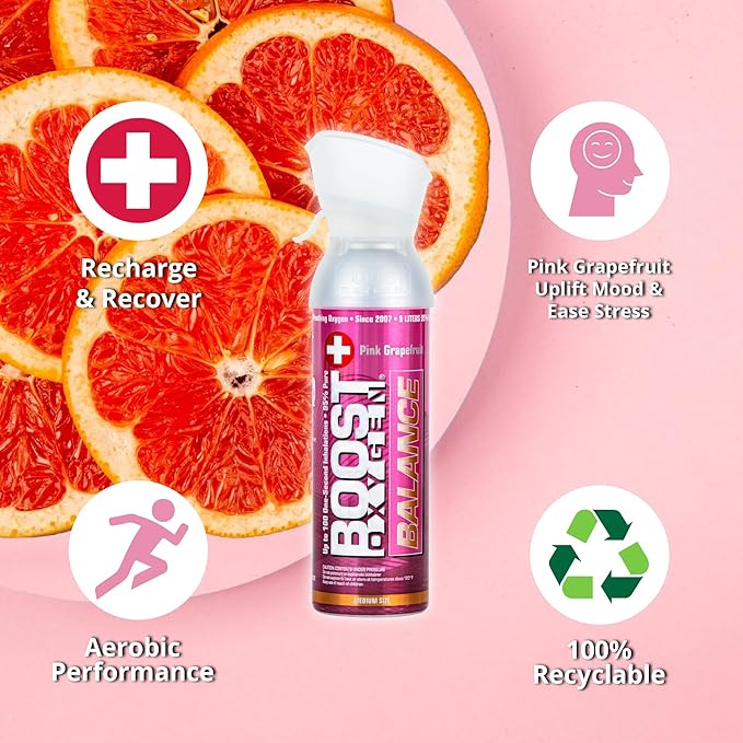 Boost Oxygen Medium Balance Pink Grapefruit Aroma 5L Canister | Respiratory Support for Aerobic Recovery, Altitude, Performance & Health (12 Pack)