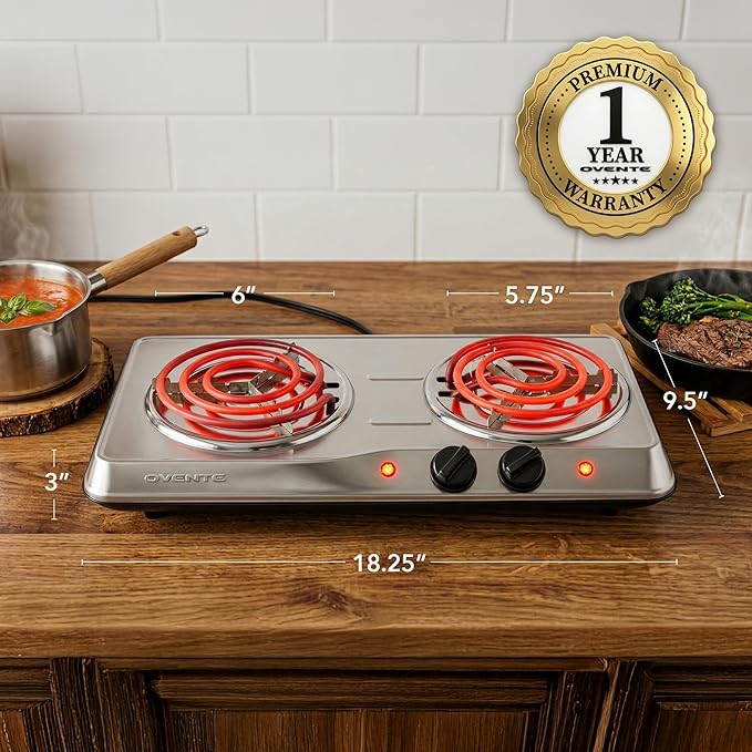 OVENTE Electric Countertop Double Burner, 1700W Cooktop with 6" and 5.75" Stainless Steel Coil Hot Plates, 5 Level Temperature Control, Indicator Lights and Easy to Clean Cooking Stove, Silver BGC102S