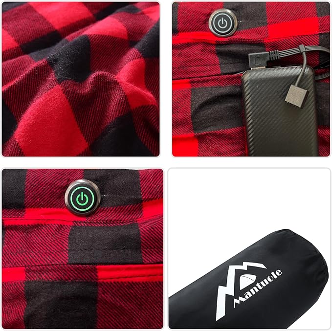 Heated Sleeping Bag pad, Operated by 5V/2A USB Power Supply (Battery NOT Included). Black & Red Flannel.