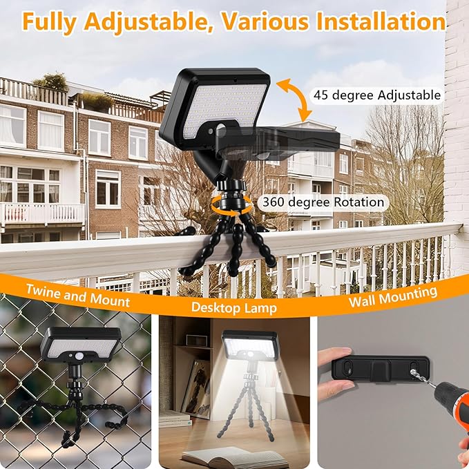 Solar Motion Lights Outdoor with Flexible Octopus Tripod, USB & Solar Powered Motion Sensor Lights with 92 LEDs, IP65 Waterproof Motion Activated Light for Fence, Camping (2 Pack, Cool White)