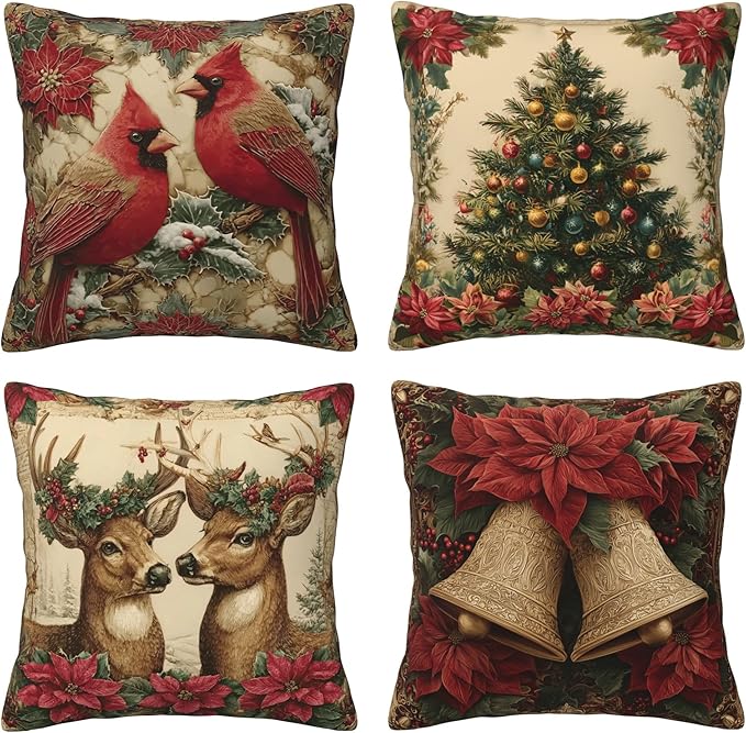 Christmas Throw Pillow Covers 18 X 18 Inch Set of 4 Decorative Cushion Cover Home Decor for Sofa Chair Couch Bedroom Living Room