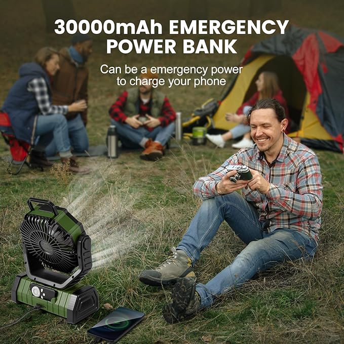 Odoland 30000mAh Camping Fan with LED Lantern, Rechargeable Battery Operated Oscillating Fan with Remote & Hook, Portable Tent Fan with Timer, 4 Speeds for Outdoor Camp RV Jobsite Power Outage, Green