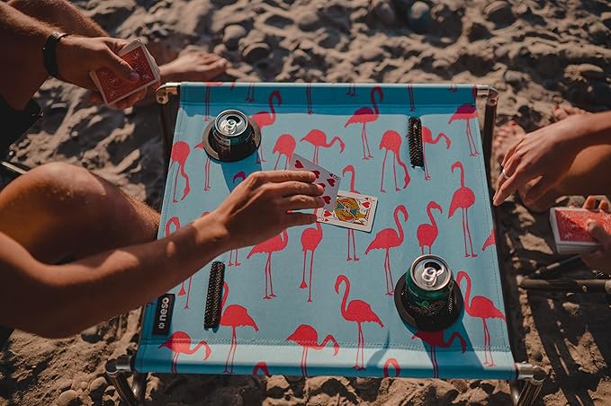 Neso Beach Table - Lightweight, Portable and Foldable Table for Beach, Camping and Outdoor Adventures - Stable Surface - with Cup Holder for Drinks and Phone Pockets - Flamingos