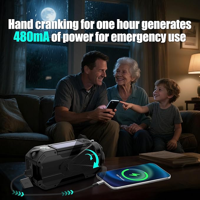 Hand Crank Emergency Radio,Portable AM FM NOAA Weather Radio,Solar Power,18500mWh/5000mAh Battery Operated,USB Charging Flashlight,Waterproof,SOS for Camping,Power Outage,Survival Storm