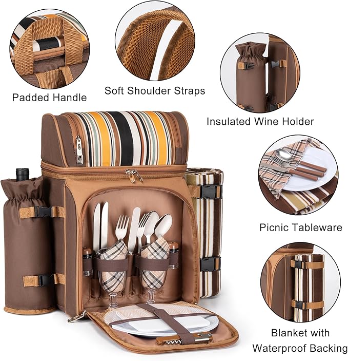 ALLCAMP Picnic Backpack - Insulated Cooler Bag with Compartment, Detachable Wine Glass Holder, Throw Blanket & Cutlery Set,2 Person Picnic Set for Family Outings, Couple Gifts (Brown)
