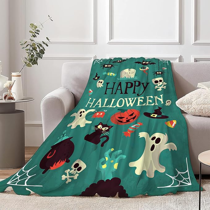 Happy Halloween Blanket Soft Ghost Bat Throw Blanket Spooky Decor Warm Lightweight Flannel Fleece Plush Bedding Halloween Blanket Gifts for Girls Boys Women Adults 50"x60"