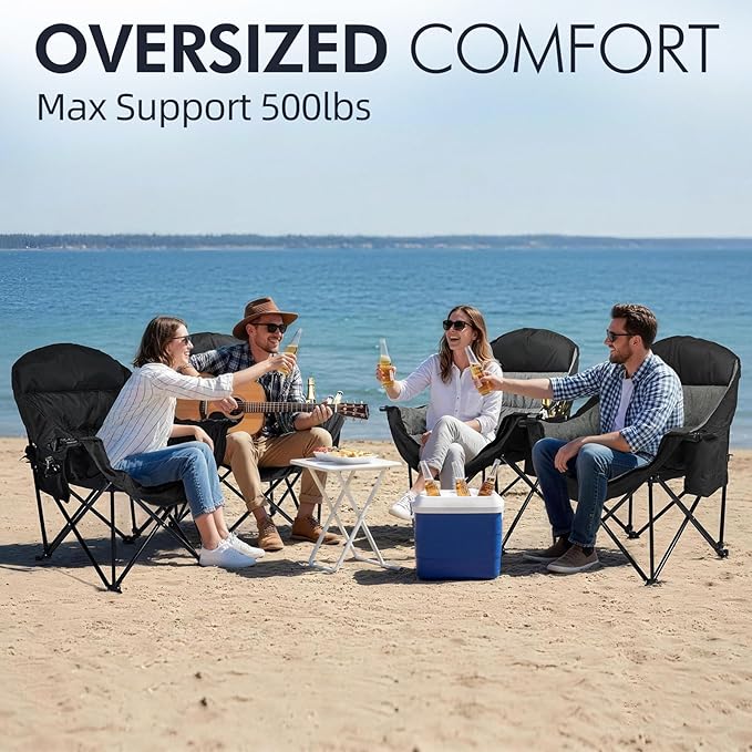 Oversized Camping Chair for Adults - Heavy Duty Outdoor Padded Large Lawn Camp Chair with Cup Holder Cooler Pockets for Sports Beach Fishing Garden Portable Supports 500lbs, Black/AllBlack 2 Pack