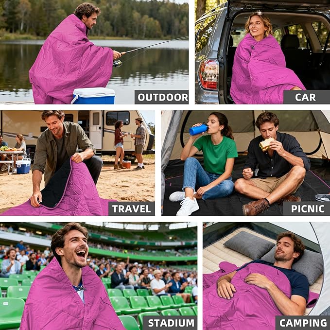 Large Outdoor Waterproof Blanket Extra Thick Fleece Stadium Blanket for Camping, Car, Pet, Picnics - Windproof, Wearable, Machine Washable 80" x 58" (Rose Purple,Hooded)