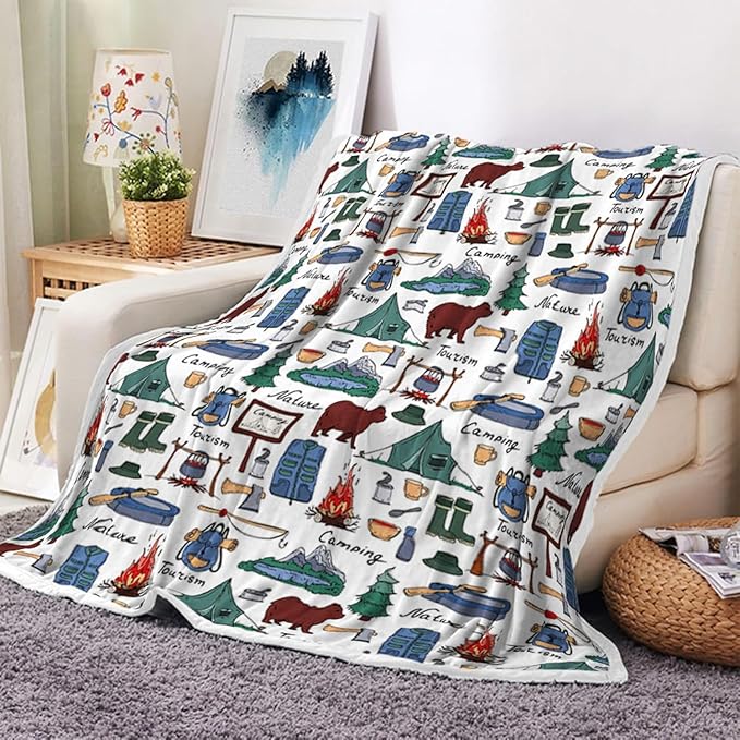 Camper Throw Blanket, RV Camper Accessories for Travel Trailers Throw Blanket, Flannel Camping Soft Warm Cozy Throws Cover for Couch Chair Sofa Bed Outdoor Inside Travel Decor