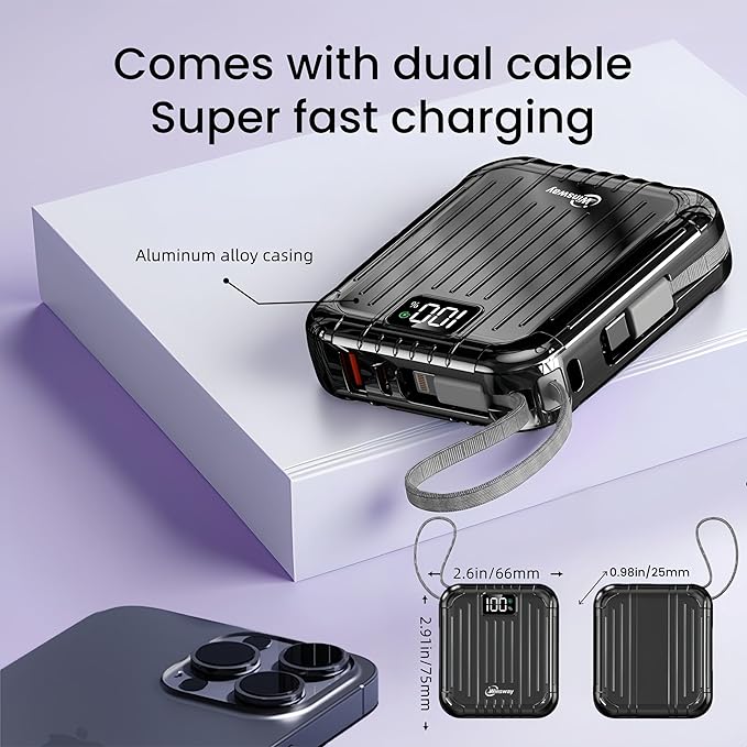 10000mAh Small 22.5W Power Bank with Built in Cable, 3A Fast Charging, 4 Outputs 2 Inputs, Mini Portable Charger for Samsung Google Pixel LG Moto iPhone iPad