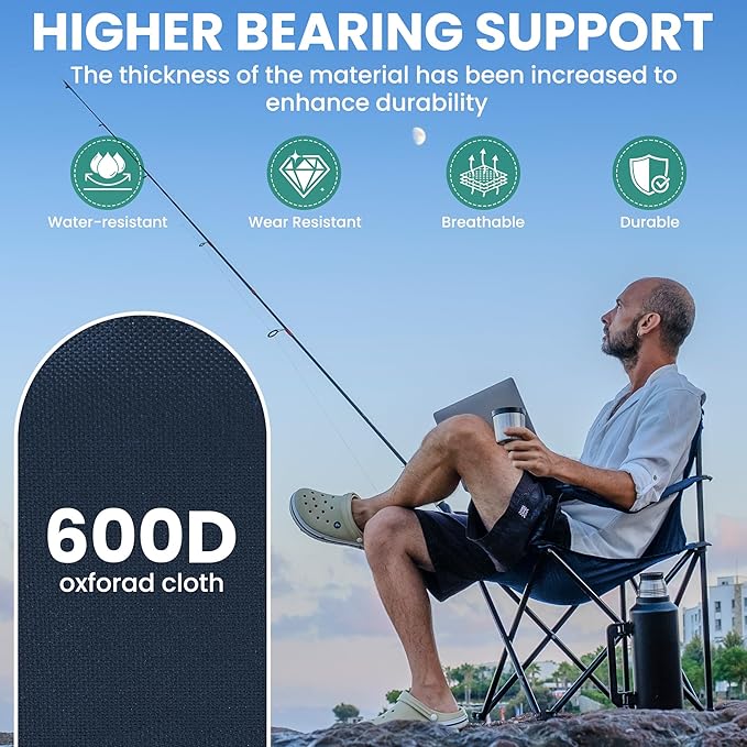 2 Pack Folding Camping Chairs for Adults, Foldable Portable Beach Chairs with Carry Bag & Cup Holder, Compact Design for Camping, Beach, Picnics, and Fishing Supports 300LBS（Dark Navy）