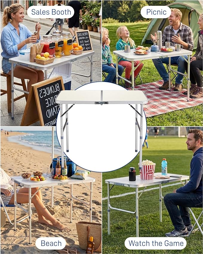 Outvita 3ft Portable Folding Camping Table, Outdoor Waterproof Adjustable Height Table, Aluminum Lightweight Suitcase Foldable Table for Picnic BBQ Beach Dining