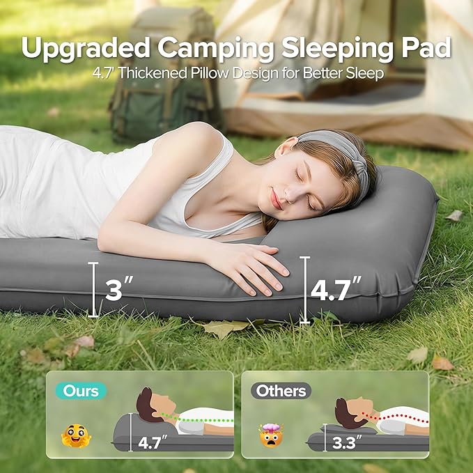 Self-Inflating Sleeping Pad for Camping, 3" Ultra-Thick Outdoor Camping Mat with Pillow & 9.5 R-Value, Insulated All-Season Foam Camping Mattress for Camping Travel Tent Car