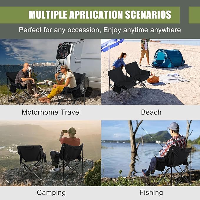 Joyfair Outdoor Camping Chair for Adult, Large Portable Folding Moon Chairs with Carry Bag for Patio Beach, Fishing, Lawn and More Outdoor Sports, 600D Oxford Fabric & Heavy Duty Steel (2, Black)