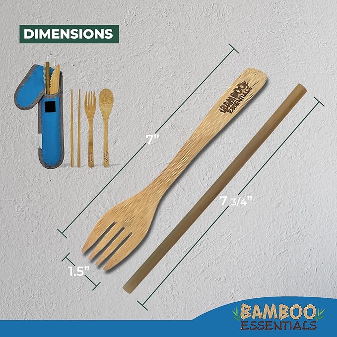 Travel Utensils with Case Set Fork, Knife, Spoon, Chopsticks, Straw, Straw-cleaning brush, Travel Pouch and Carabiner, Excellent For Everyday Use! ((1Set) Sky Blue)