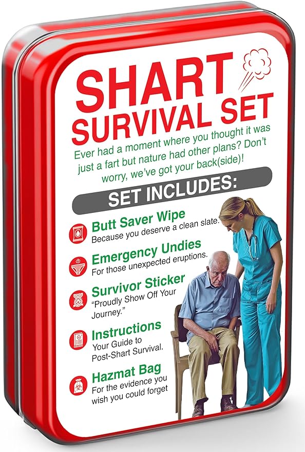 Shart Survival Set - Funny Gag Gift 2026 Friend Gifts Includes Disposable Underwear, Hazmat Bag, Wet Wipe and More! Unique Stocking Suffers for Men Birthday Husband Teens Potty Humor Prank Him Fart