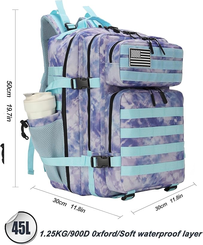 Lovelinks21 45L Tactical Assault Backpack 3 day assault pack with Molle Waterproof backpack Rucksack for Tactical Backpacks (Blue Tie-Dye)