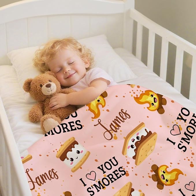 Custom S'Mores Blanket with Name | Personalized Marshmallow Blanket for Girls Boys | Ultra Soft Customized Cookie Throw for Couch/Sofa/Travel/Camping Home Decor - 50"x60"-Teens/Travel Size