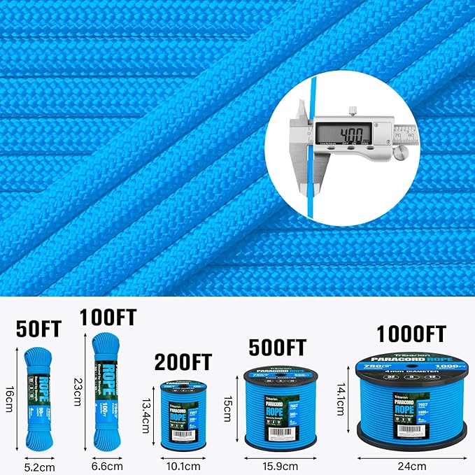 Paracord Rope 750 lb - 200ft 5/32" Parachute Cord 4MM 12-Strand para Cord - Heavy Duty Spool String for Survival,Camping Gear, Survival Bracelet, Clothesline - Blue