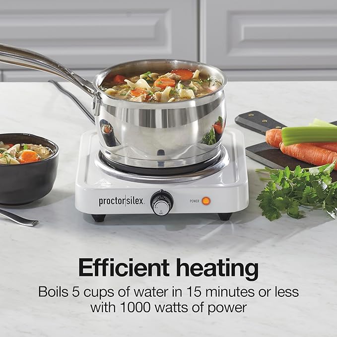 Proctor Silex Portable Electric Stove, Cast Iron Single Burner Cooktop, Compact, Adjustable Temperature Hot Plate, 1000 Watts, White (34107)