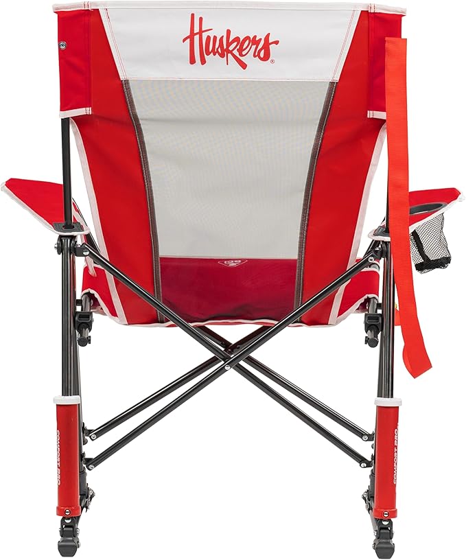 GCI Outdoor Comfort Pro Rocker Camping Chair | Portable Folding Rocking Chair with Durable Armrests & Drink Holder | Official Collegiate Licensed Sideline Sports Chair | Nebraska Cornhuskers