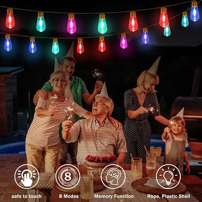 (New) Outdoor String Lights, LED Patio Lights, 24FT Waterproof Shatterproof Fairy Lights, 8 Modes Colorful Hemp Rope String Lights for Garden, Yard, Party, Christmas Decor