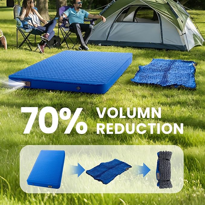 Self Inflating Double Sleeping Pad for Camping with Electric Pump 4 Inch Ultra Thick Memory Foam 2 Person Inflatable Sleeping Pad All Season Full Size Portable Camping Mattress for Travel, Tent (Blue)
