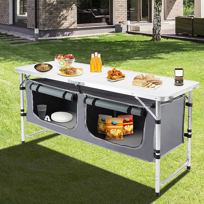 Outdoor Folding Camping Table with Storage Organizer, Portable Aluminum Composite Panel Lightweight Table, 3 Adjustable Height, for Indoor, BBQ, Party, Picnic, Hiking, Beach | Outdoor, Storage Organizer, Portable, Lightweight Table, Indoor, BBQ