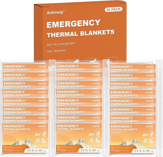 24 Pack Emergency Blankets - Mylar Thermal Space Blankets for Survival and Protection - Ideal for Camping, Outdoors, Hiking, Rescue, Marathons