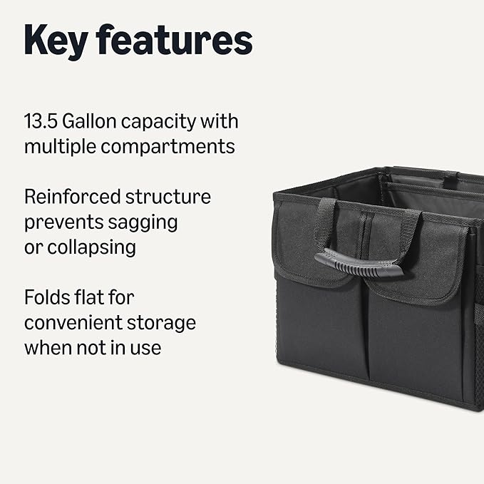 Amazon Basics Trunk Organizer for Car, MultiCompartment Car Storage, Foldable, 13.5 Gallon, Black