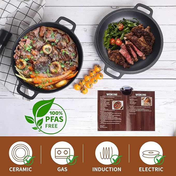 2-in-1 Pre-Seasoned Cast Iron Dutch Oven with Skillet Lid,Oven,Grill,Campfire&Stovetop Safe,Durable Black Cookware Sets with Dual Handles,Cast Iron Skillets for Sourdough Bread baking,Frying,Camping,BBQ,5QT