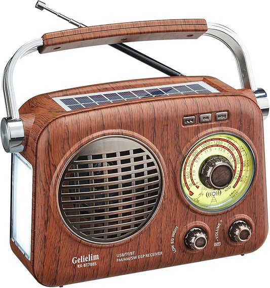 Gelielim Radios Portable AM FM SW,Vintage Radio Bluetooth Speaker with Crystal Clear Sound, Rechargeable Battery Powered, Retro Small Radio with Solar Panel & Flashlight, Gifts for Seniors Elderly