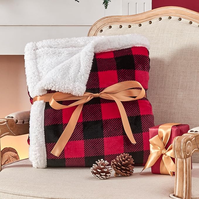 BEDELITE Sherpa Fleece Blankets King Size - Black and Red Buffalo Plaid Christmas Blanket, Super Soft Cozy Warm Thick Winter Blanket for Couch and Bed, 108" x 90"