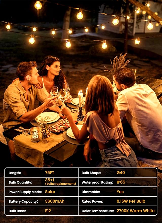 Brightown 75FT Solar String Lights Outdoor with Remote and 36 LED Shatterproof Bulbs, Dimmable & Timable, 3 Light Modes, Solar Patio String Lights Outdoor for Cafe, Garden, Deck, Outside Wedding