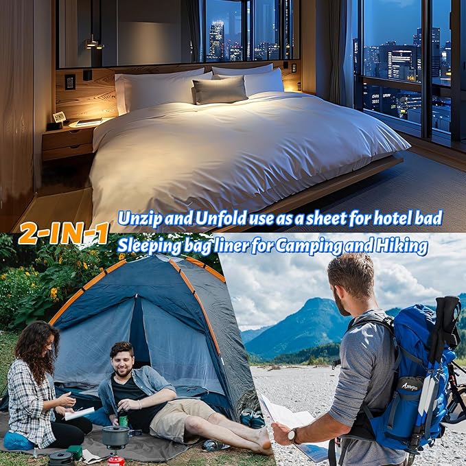 Lightweight Sleeping Bag Liner, Travel Sheets and Adults Sleep Sack, 220 x 95cm with Full Lockable Zipper and Travel Buckle - Portable & Easy Care, Idea for Backpacking, Camping, Hotels, and Trips