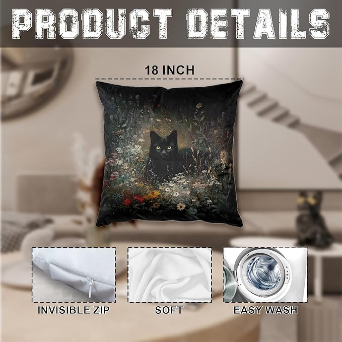 Vintage Moody Black Cat Floral Pillow Covers 18x18, Dark Cottagecore Decor, Gothic Botanical Floral Animal Decorative Pillow Covers for Home Bedroom Living Room Couch，Black Cat Lover Gifts