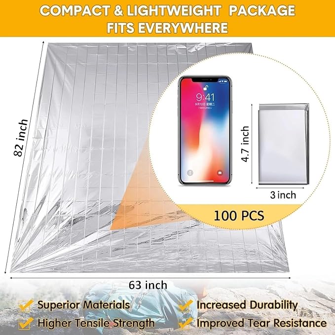 Emergency Survival Blanket, Mylar Thermal Blanket, Gigantic Space Blanket 82" x 63" (10)