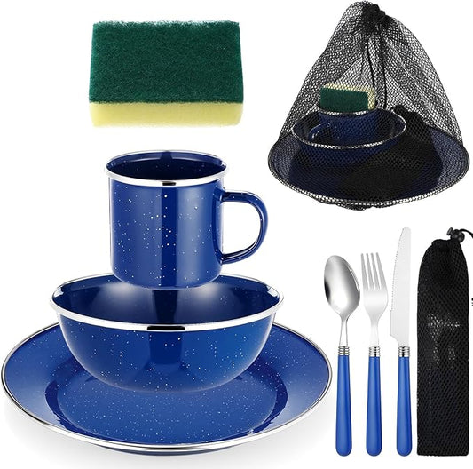 LemonRoad 9 Pcs Camping Enamel Plates Cups and Bowls Set Camping Mess Kit, Enamel Bowl Mug Plate Knife Fork Dishwashing Sponge Utensil Bags Storage Straps Lightweight Tableware for Backpacking Hiking