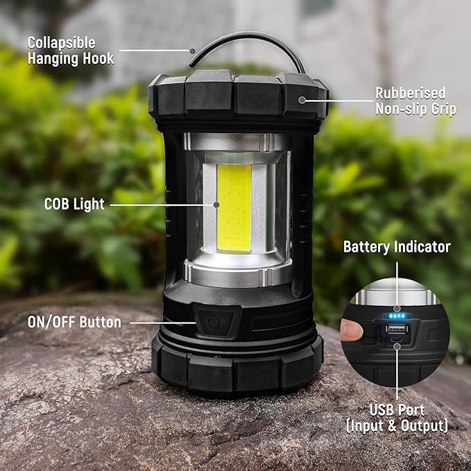 elesall Camping Lantern, 3000LM LED Rechargeable Battery Operated Lantern, 5 Light Modes, COB Waterproof Lantern Flashlight, Camping Light for Power Outage, Hurricane, Survival, Hiking(Black)