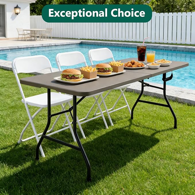 6ft Folding Table, Foldable Picnic Table Portable Table for Indoor Outdoor Use Heavy Duty Plastic Table Camping Table with Carry Handle for Party, BBQ, Khaki